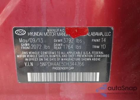 2013 Hyundai Elantra Gls from USA, damaged, VIN 5NPDH4AE5DH344766